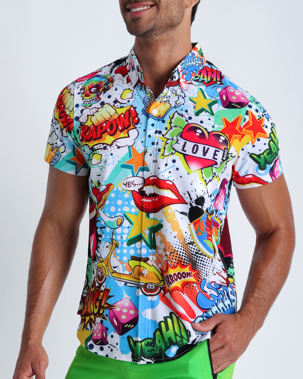 Right side view of an in-shape men's torso wearing a sexy speedo swimsuit by the Bang! brand of menswear from Miami.