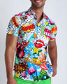 This men's stretch shirt features fun and enegetic comics-style graphics in bold colors, with a BANG! illustration.