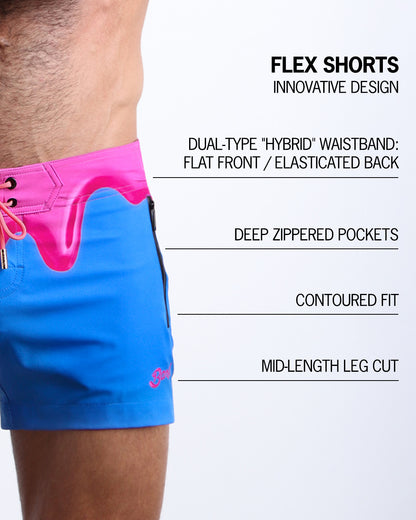 Infographic explaining the innovative design of the FLEX SHORTS. They're dual-type "hybrid" waistband, deep zippered pockets, contoured fit and mid-length leg cut by BANG! Clothes based in Miami.