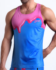 Side view of men’s casual tank top in YOU MELT ME featuring magenta pink melting ice cream print made by Miami based Bang brand of men's beachwear.