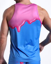 Back view of male model wearing the YOU MELT ME summer tank top for men by BANG! Miami in blue and hot pink melting ice cream theme.