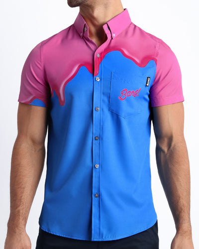 Front view of the YOU MELT ME men’s short-sleeve hawaiian stretch shirt in a bright blue color featuring pink melting ice cream print by the Bang! brand of men's beachwear from Miami.