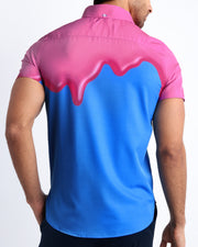 Back side of the YOU MELT ME stretch shirt for men in blue and hot pink melting ice cream theme by BANG! Miami.