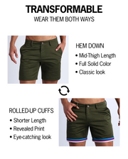 Infographic explaining the Bang! Clothing chino shorts 2-in-1 feature that can be worn both ways. Option of rolled-up cuffs for shorter length and showing internal print. Or hem down for a mid-thigh length and full-solid army green color showing.